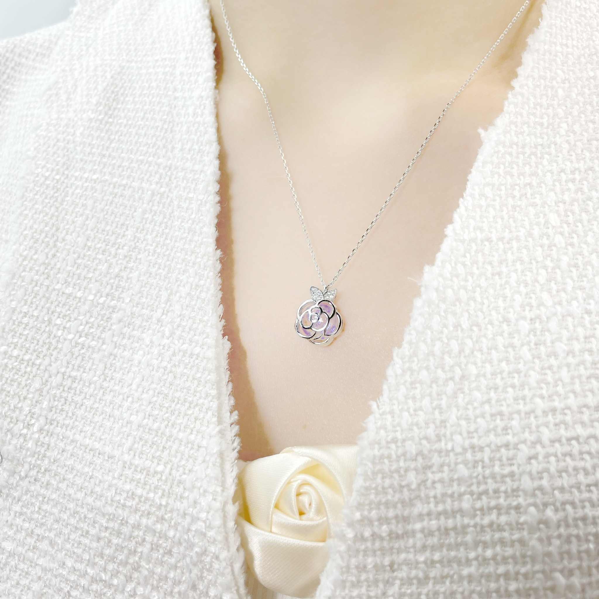 | 925 Silver・White Gold・Champagne Gold・Glaze Stone| Pure Flower Necklace（Silver / Champagne Gold) | NE0507 |