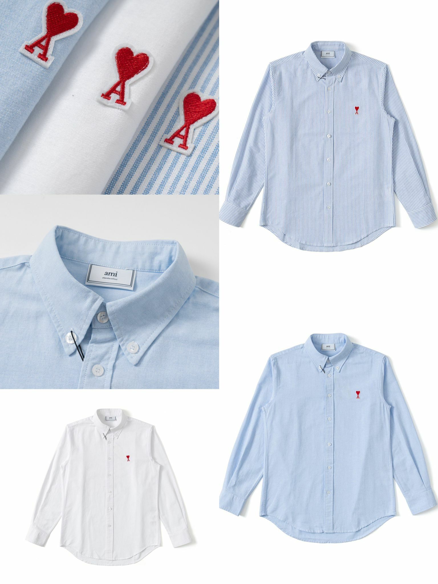 AMI Paris 紅色桃心立體刺繡三色牛津襯衫-2202695