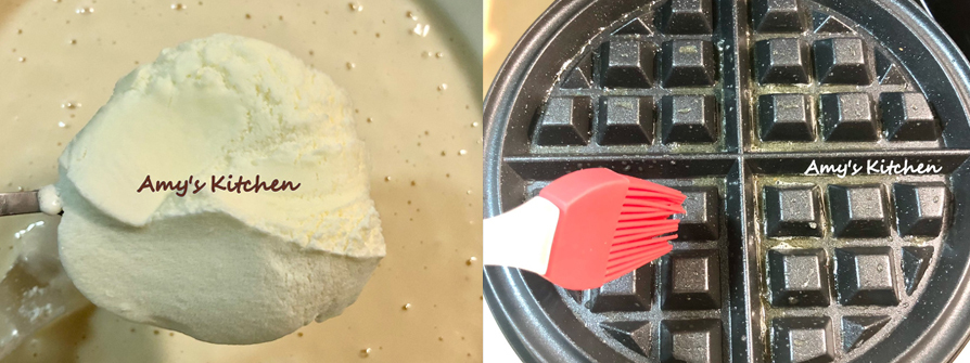 3.蛋打好加開水把鬆餅粉過篩進蛋汁中，不是做蛋糕不篩也可，麵糊用刮刀攪拌至沒顆粒，再挖兩大匙冰淇淋攪拌均勻即可。 ●小提醒： 麵糊的判斷:拉起攪拌刮刀麵糊慢慢滴下代表濃度可以 麵糊濃稠的鬆餅口感比稀的麵糊Q