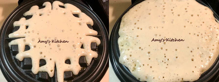 5.麵糊從中心慢慢加。  6.麵糊加滿，等麵糊出現孔洞再蓋上蓋子。