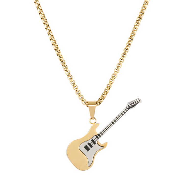 白鋼項鍊，男士項鍊 電吉他造型；展現熱愛音樂的搖滾風（2708金色）