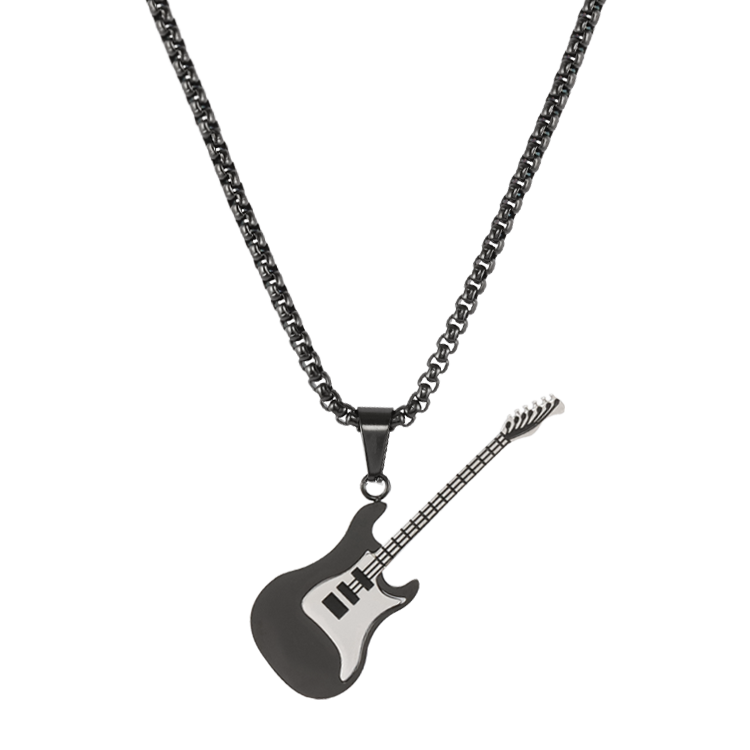 白鋼項鍊，男士項鍊 電吉他造型；展現熱愛音樂的搖滾風（2708黑色）