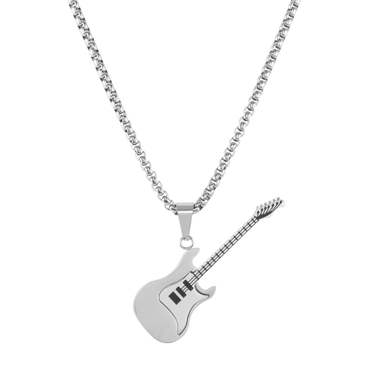 白鋼項鍊，男士項鍊 電吉他造型；展現熱愛音樂的搖滾風（2708銀色）