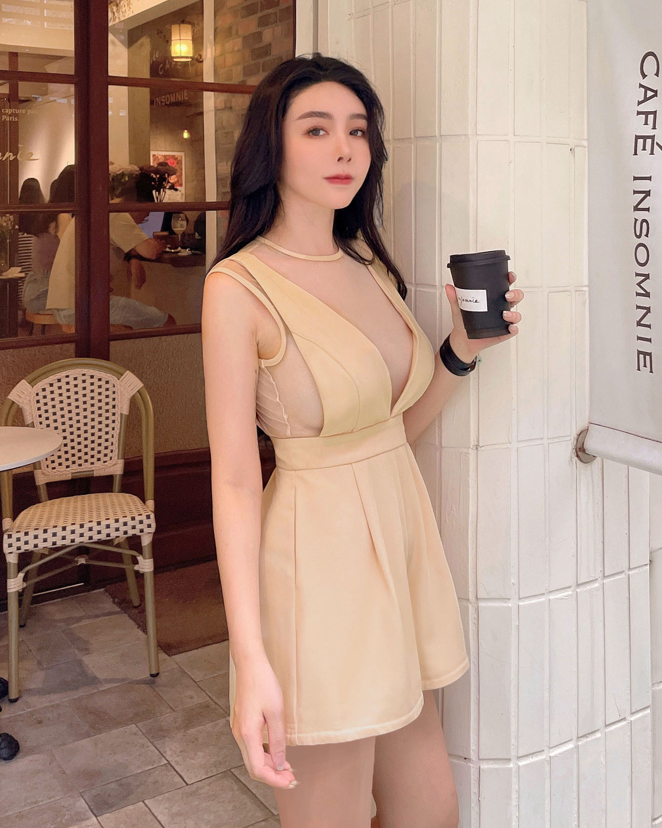 訂製-性感假兩件透視網紗連身褲