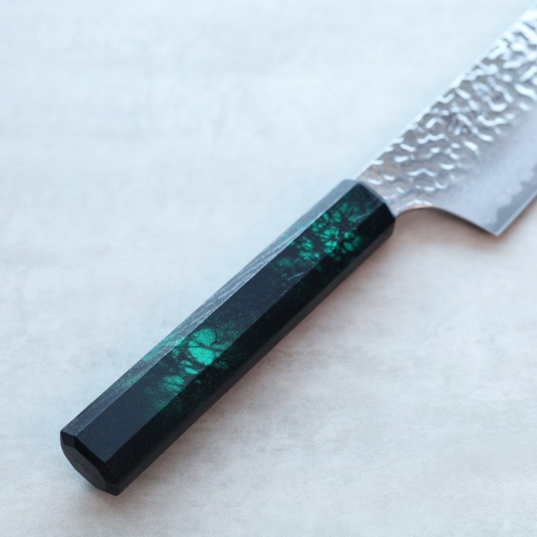 堺孝行 和劍型牛刀 190mm VG10鋼  綠龜甲七彩柄 33層鎚目大馬士革