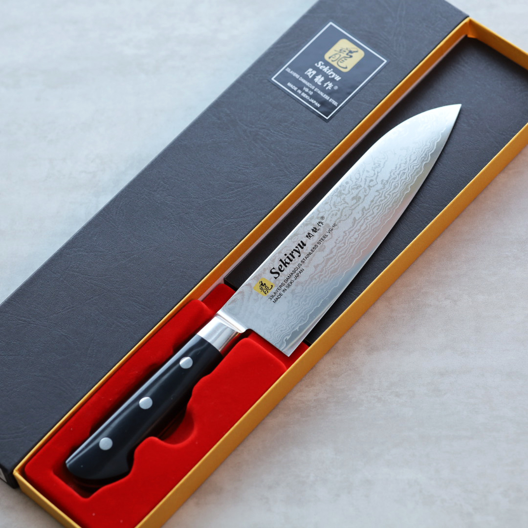 関龍作 三德 180mm VG10鋼 33層大馬士革 洋柄