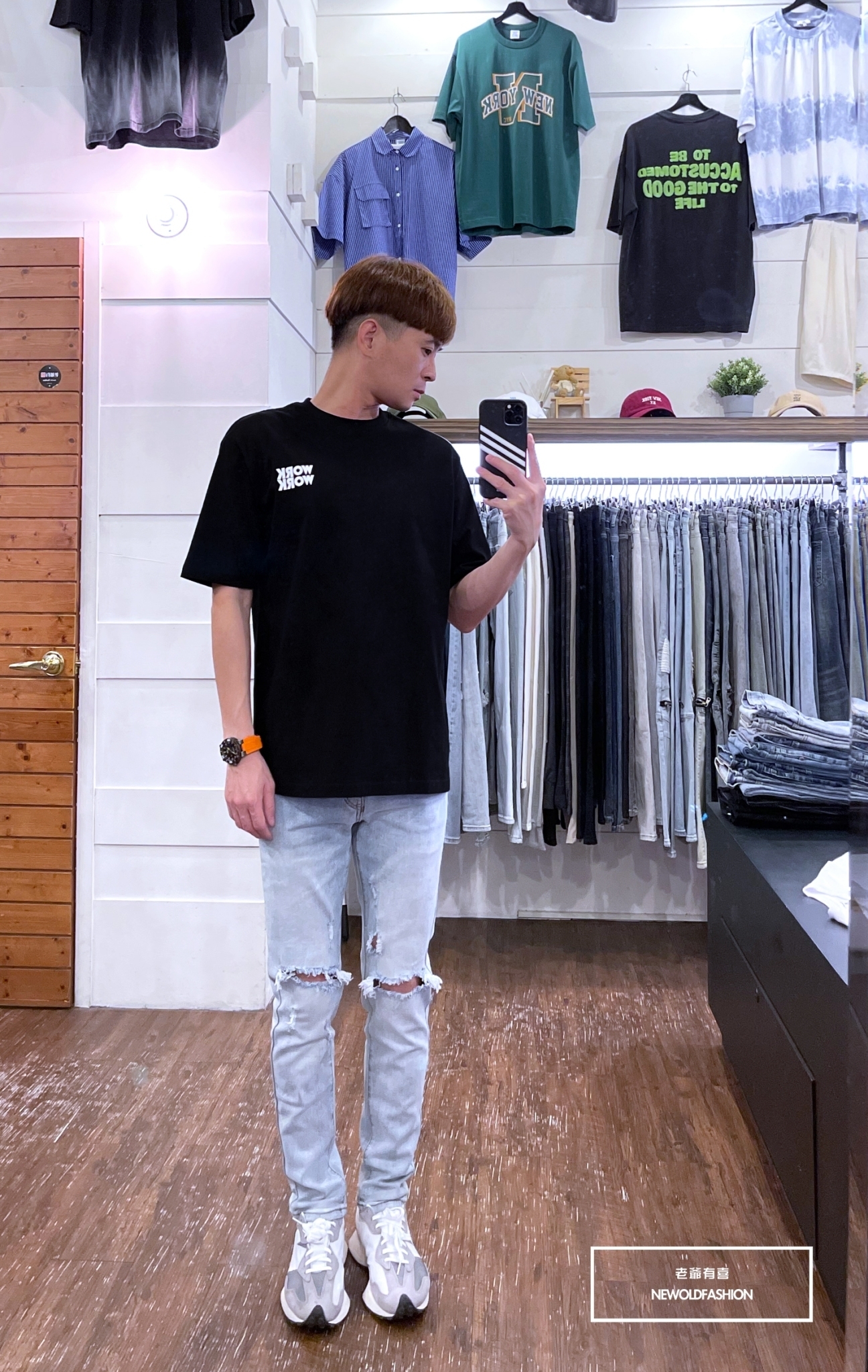 重磅刷白藍雙膝破壞小直筒褲