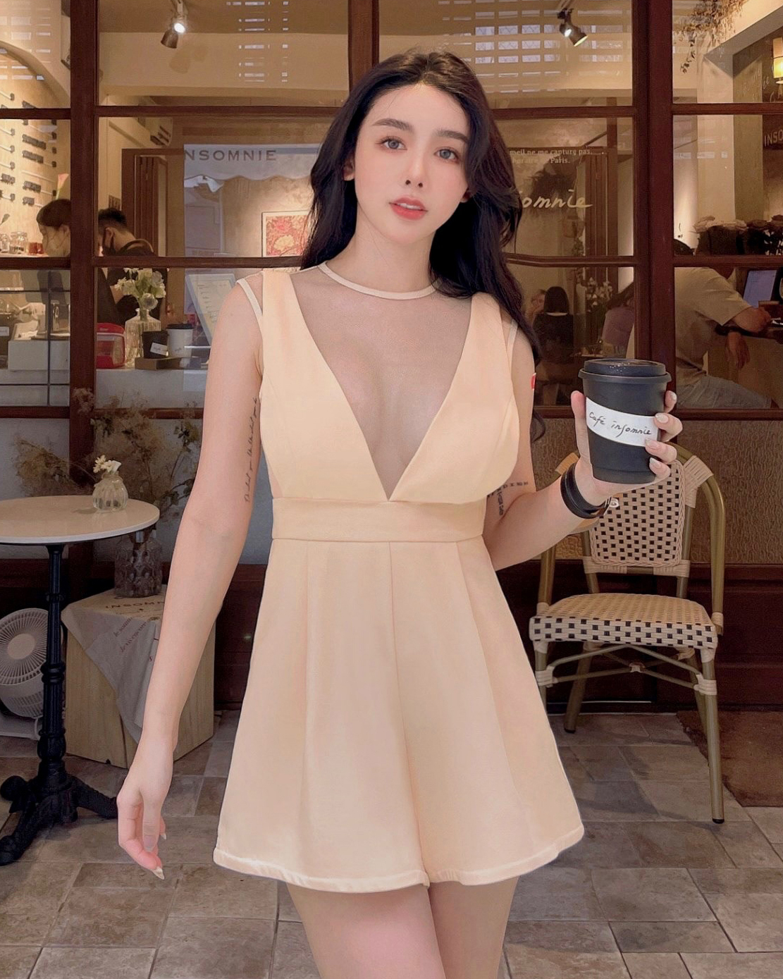 訂製-性感假兩件透視網紗連身褲