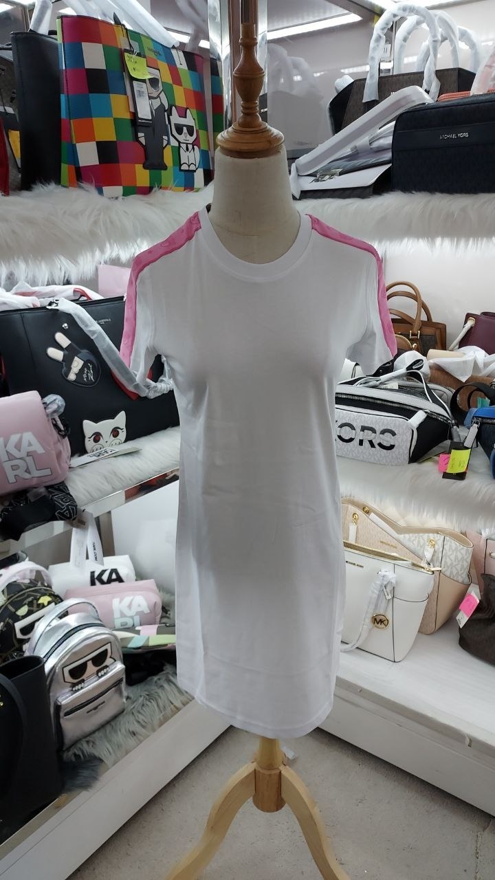 [S] CHIARA FERRAGNI LOGO TOWN DOWN JERSEY DRESS 72CBOT04-913,WHITE TSHIRT DRESS WHITH PINK SHOULDER LOGO LABEL, CJT00-003 (SCF84)