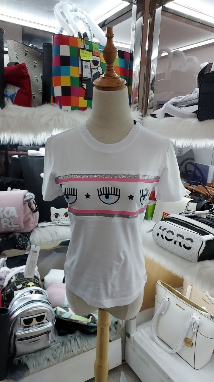 [S] CHIARA FERRAGNI MAXILOGOMANIA JERSEY T-SHIRT 72CBHT15-600,WHITE SHIRT, CJT00-003 (SCF90)