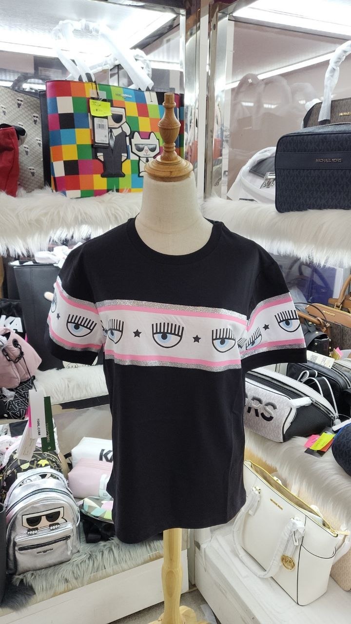 [S] CHIARA FERRAGNI MAXILOGOMANIA JERSEY T-SHIRT 72CBHT16-610,BLACK SHIRT, CJT00-899 (SCF87)