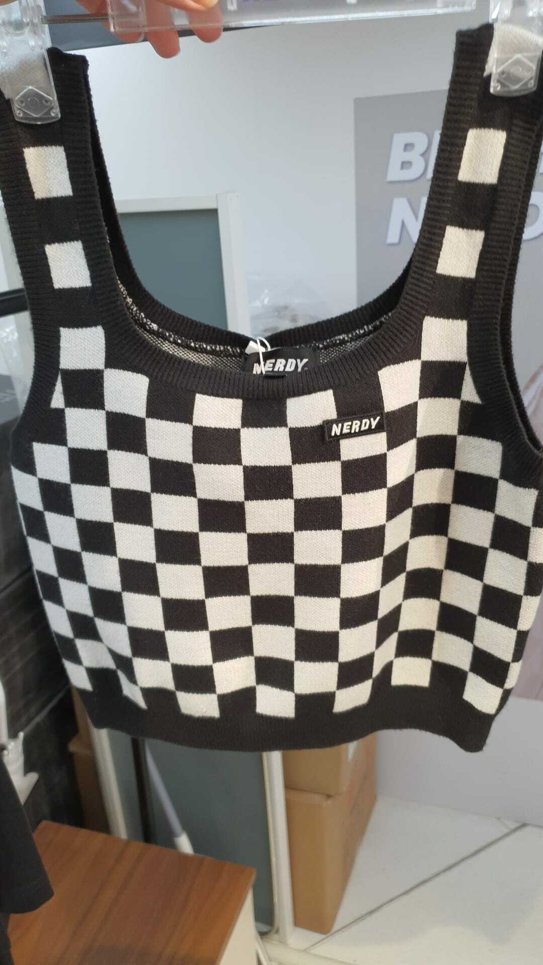 [S] NERDY CHECKERBOARD KNIT CROPPED TOP,BLACK, SN65 (SN65)