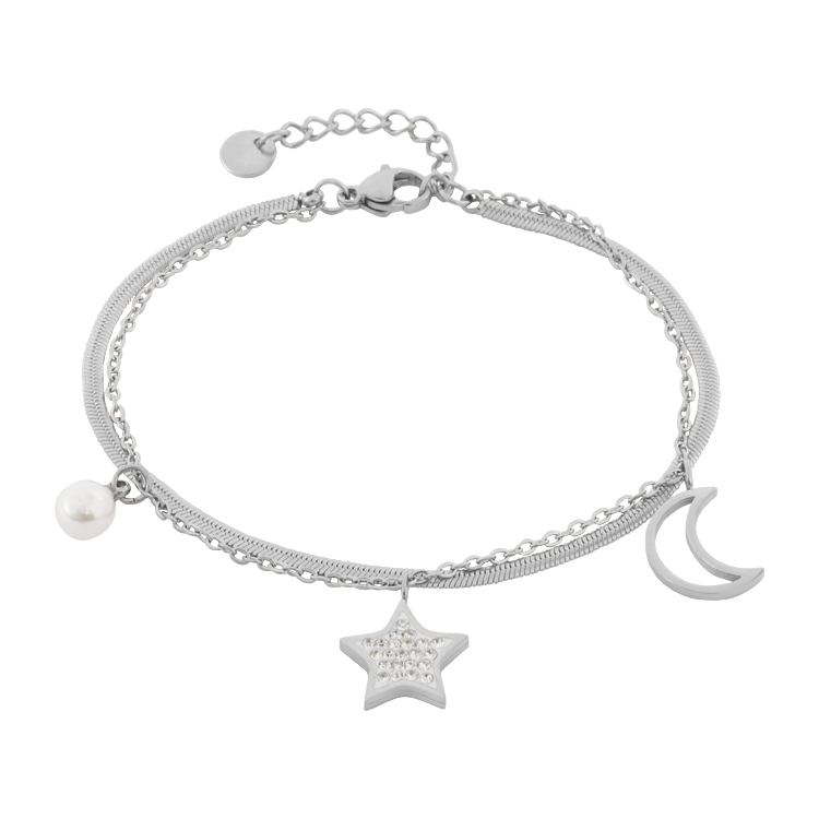 白鋼手鍊，女士手鍊 星星月亮綴飾；閃耀的星辰大海（2696銀色）