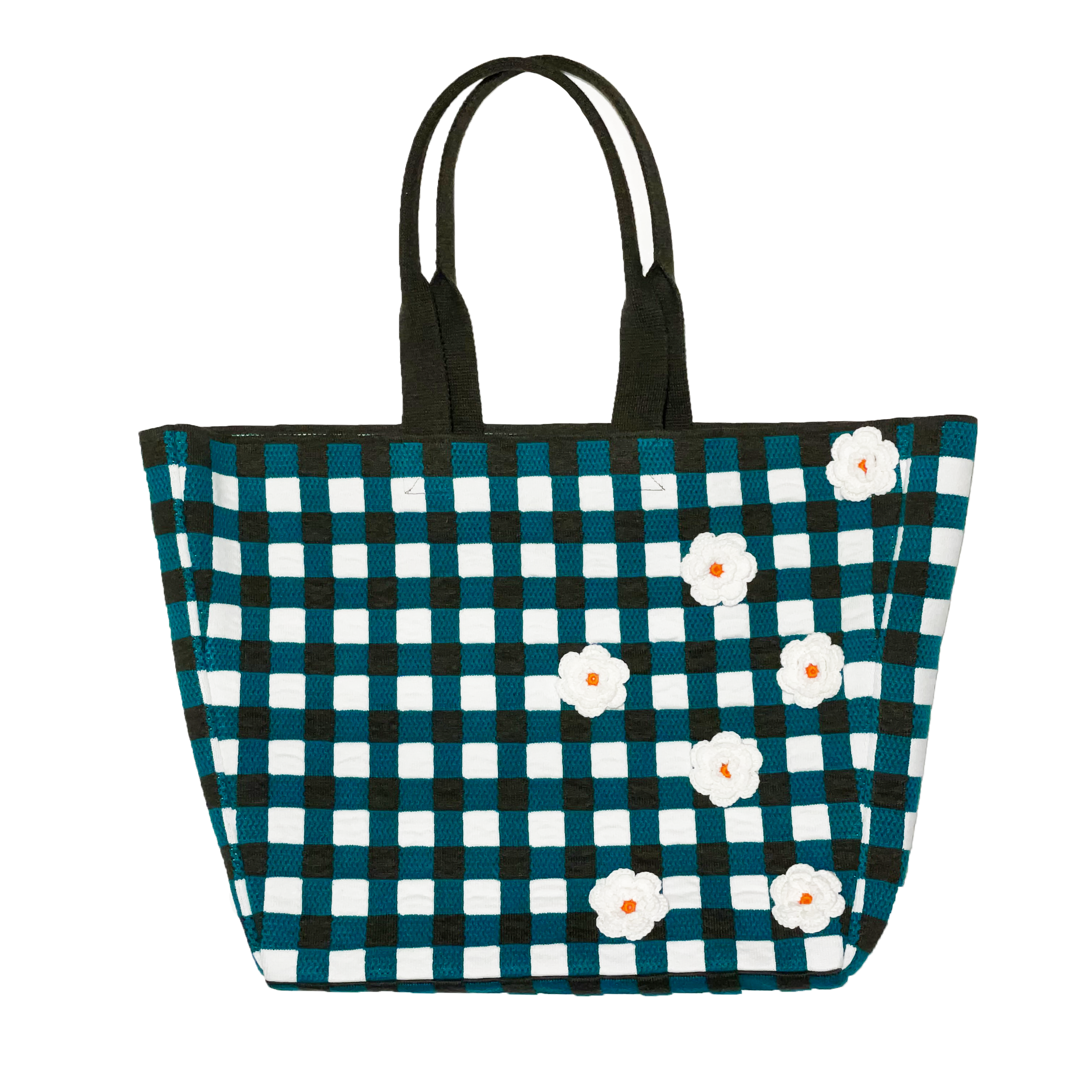 三色格紋拼手勾花手袋