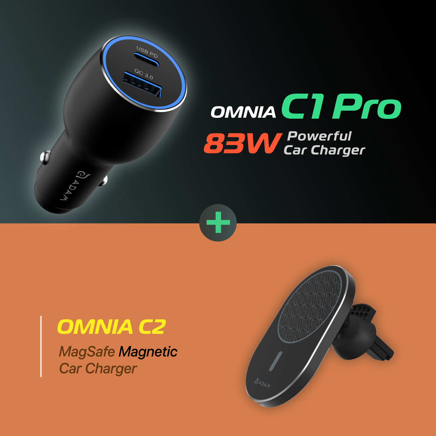 【New Arrival】OMNIA C1 Pro  83W Powerful Car Charger + OMNIA C2 Magnetic Wireless Car Charger