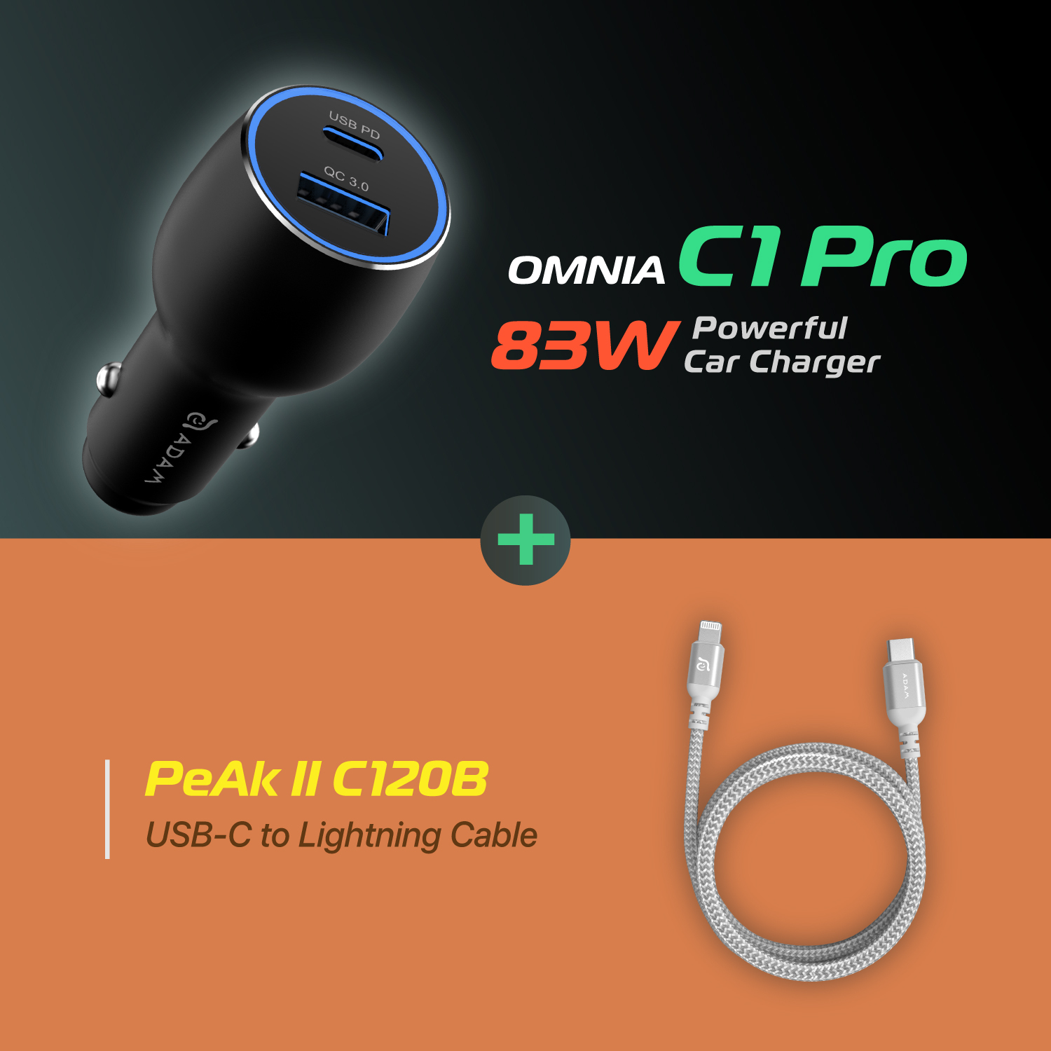 【New Arrival】OMNIA C1 Pro  83W Powerful Car Charger + PeAk II C120B USB-C to Lightning Cable