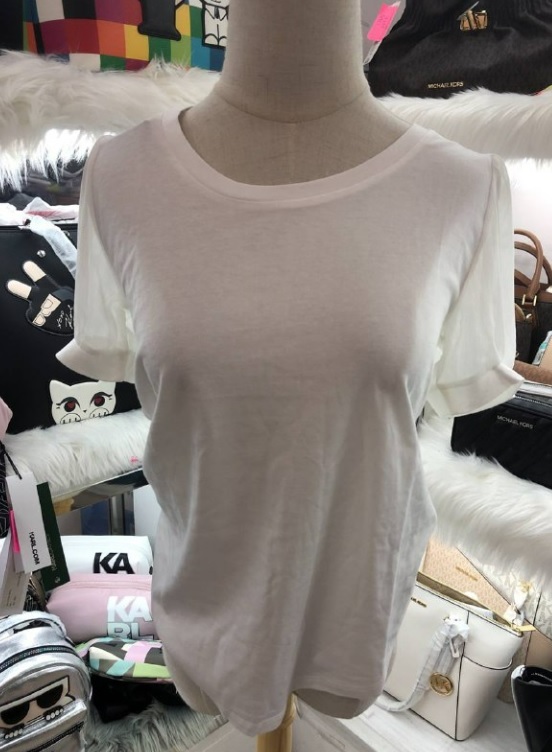 [S] DKNY JEWEL NECK SHORT PUFF CHIFFON SLEEVE KNIT TOP,IVORY, P21HXGVR-IVORY [FINAL SALE] (SD143)
