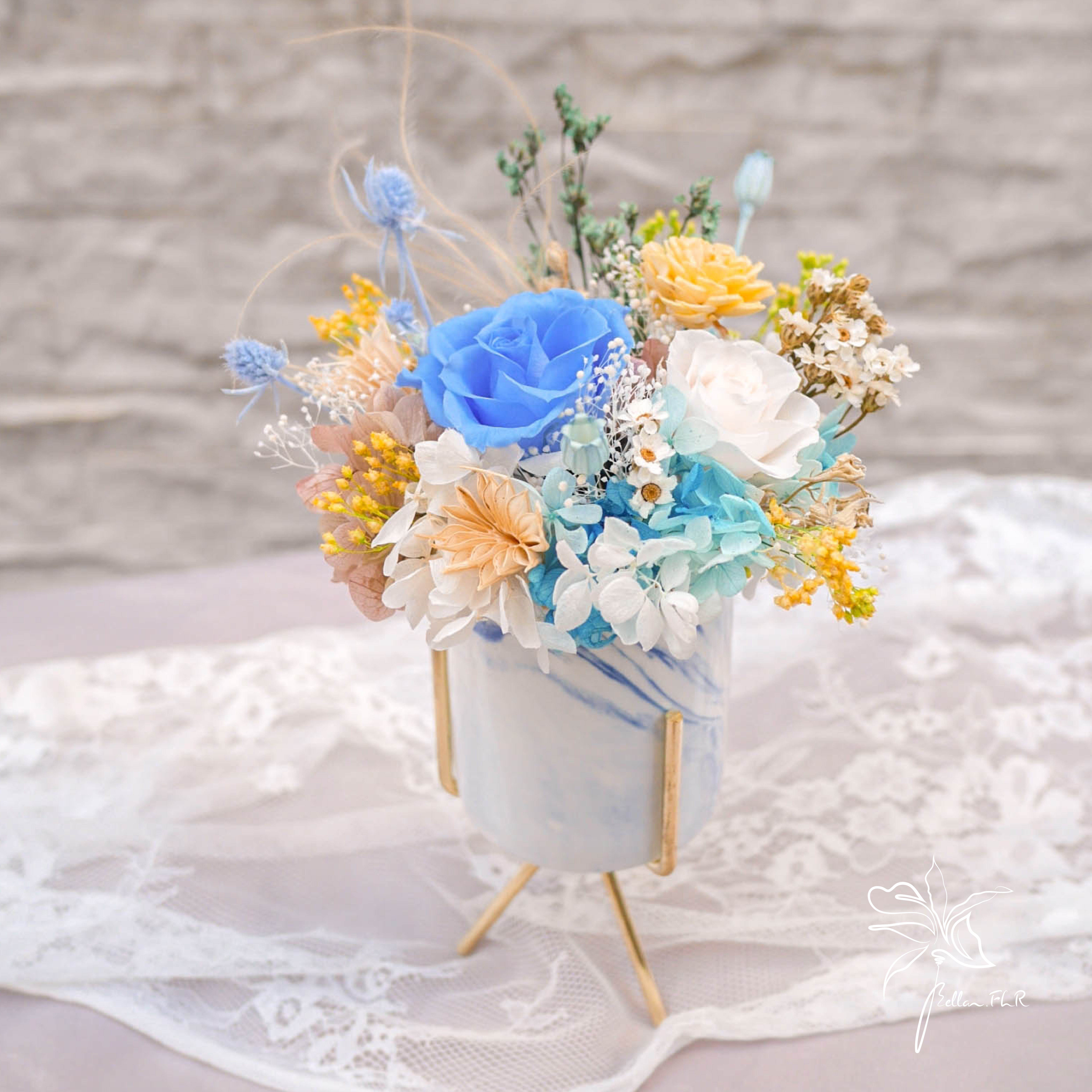 【花浪】永生乾燥瓷器盆花-冰川藍