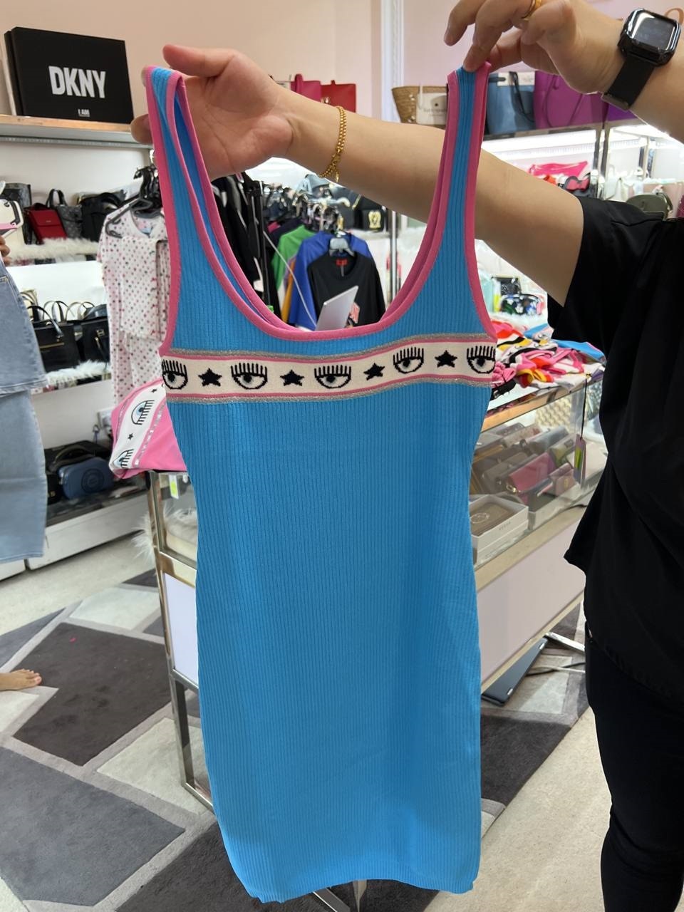 [S] CHIARA FERRAGNI LOGOMANIA YARN TANK DRESS 72CBOM04-M03,BLUE, CMH04-245 [FINAL SALE] (SCF104)