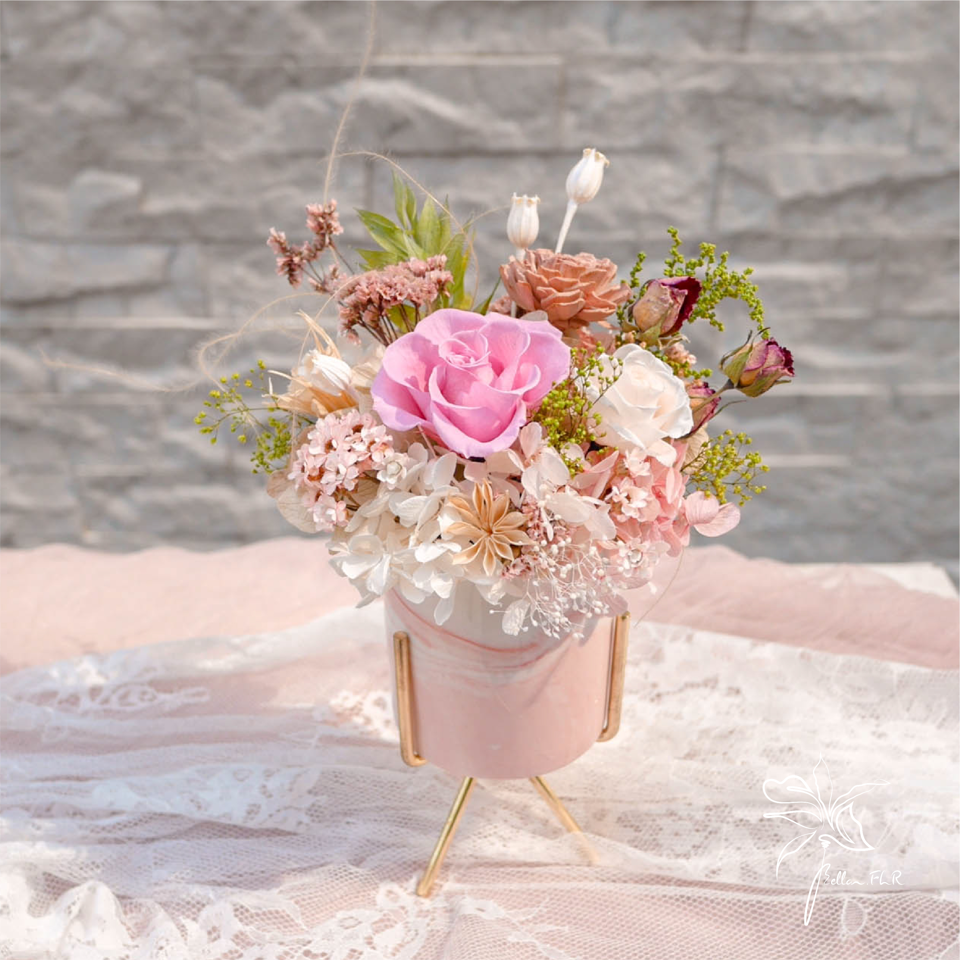 【花浪】永生乾燥瓷器盆花-桃粉