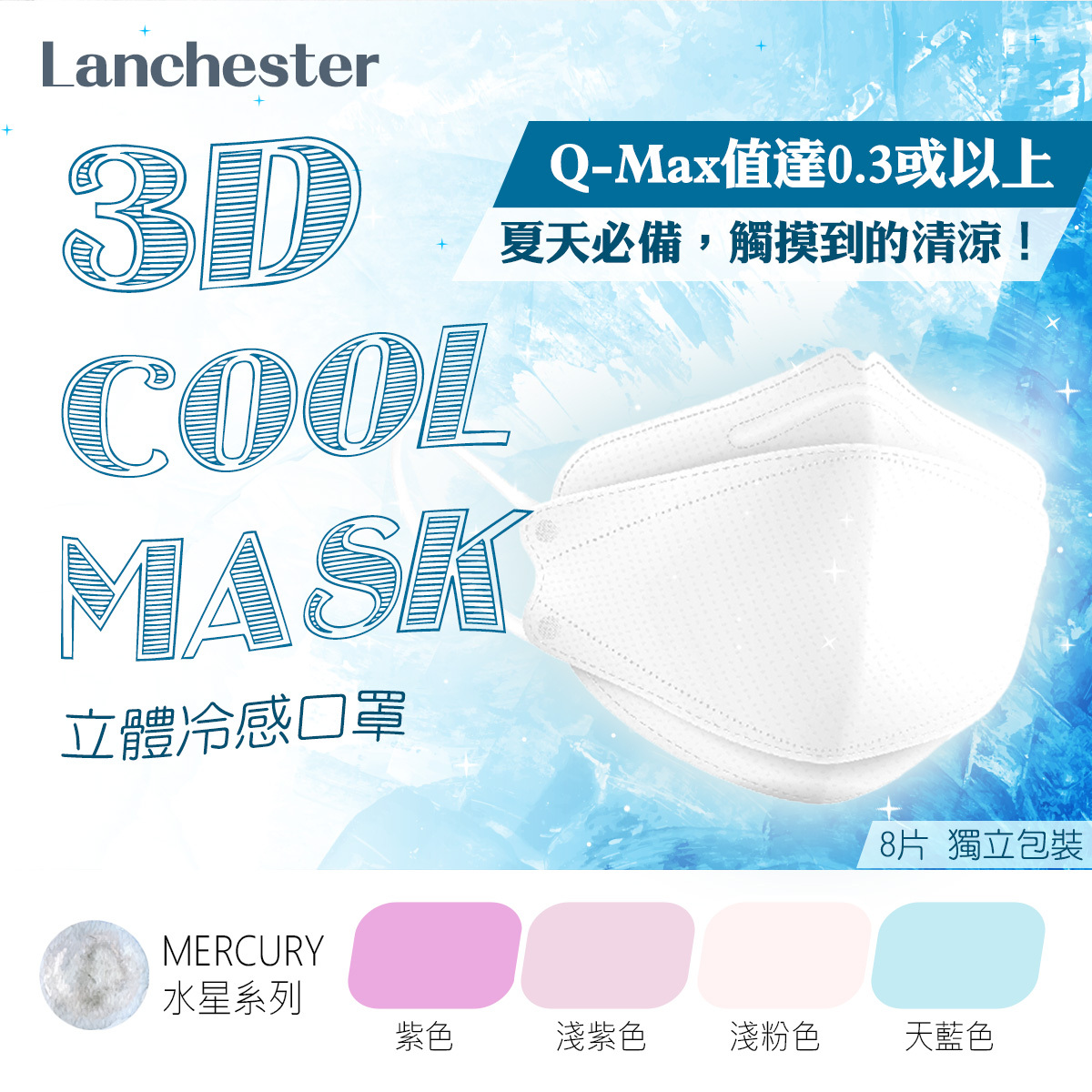 【水星系列】Lanchester 3D立體冷感口罩 #成人 #冷感 #超透氣舒服 #四季必備 #3D立體結構 #3層防護 #8片裝