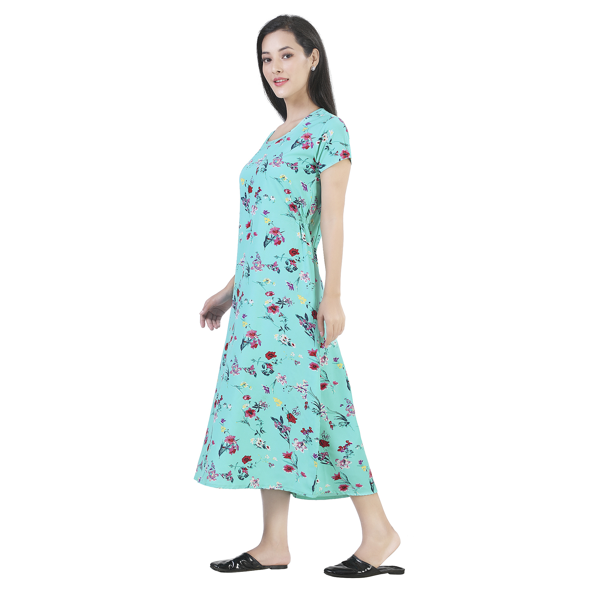 Sonali Women Turquoise Green Dress With Pocket Crepe Plus Size Long Floral Design / Baju Wanita warna biru pekat panjang Floral Q1622