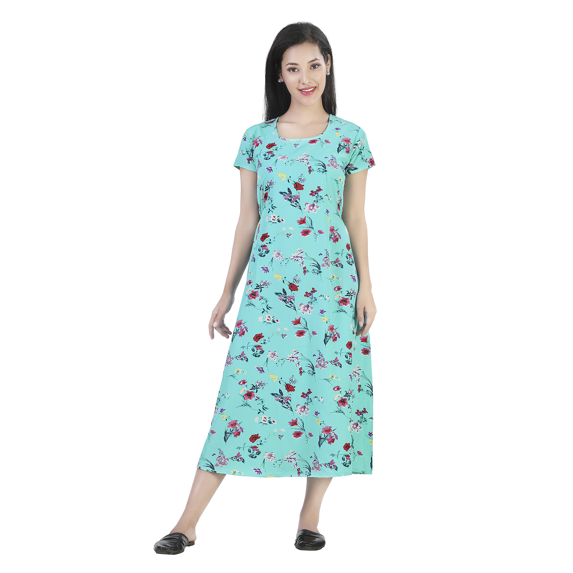 Sonali Women Turquoise Green Dress With Pocket Crepe Plus Size Long Floral Design / Baju Wanita warna biru pekat panjang Floral Q1622