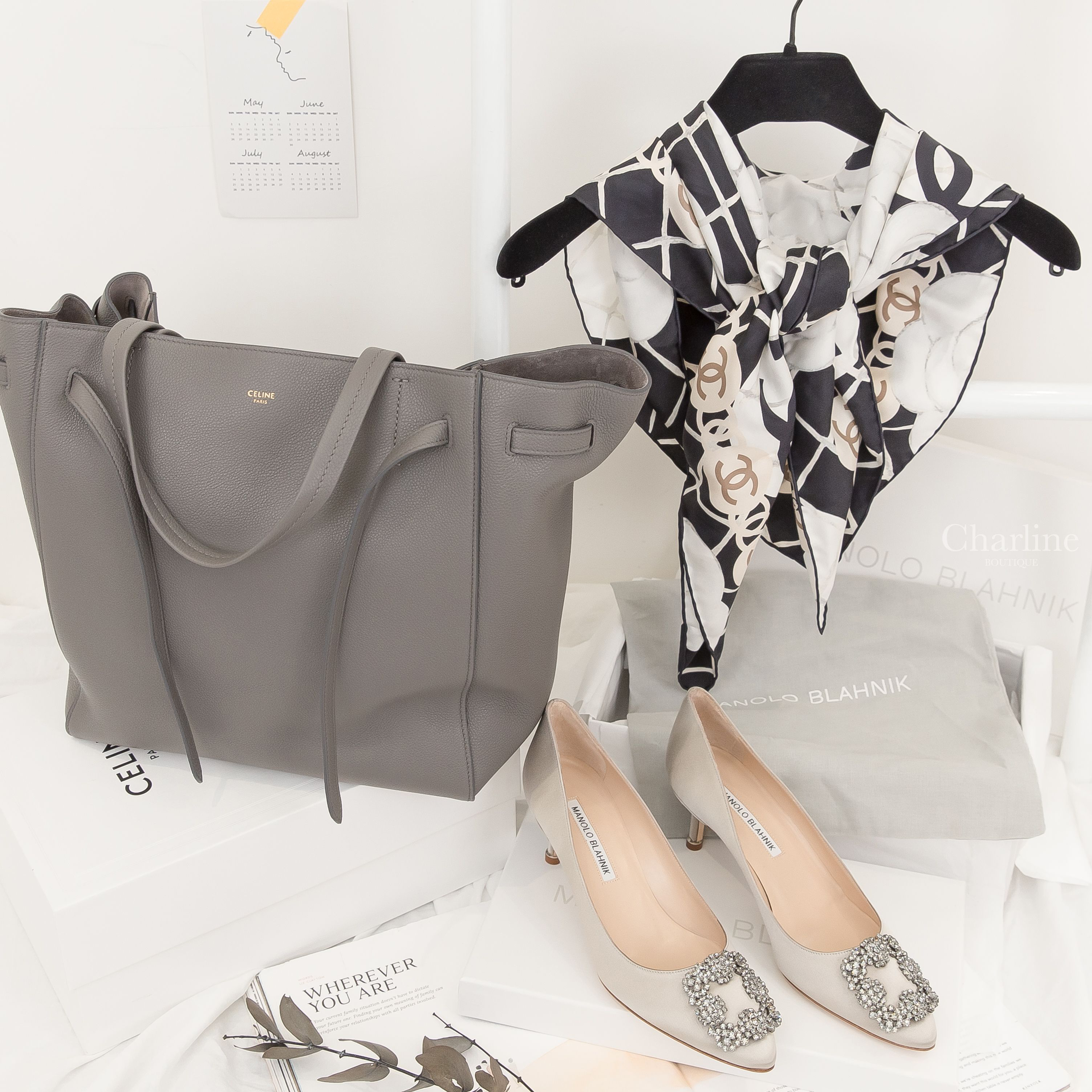 Manolo Blahnik Hangisi 50 淺灰色絲綢灰銀鑲鑽方釦5cm細跟高跟鞋,Chanel Square Scarf 黑底白色山茶花CC格紋真絲方巾-Charline Boutique 精品代購
