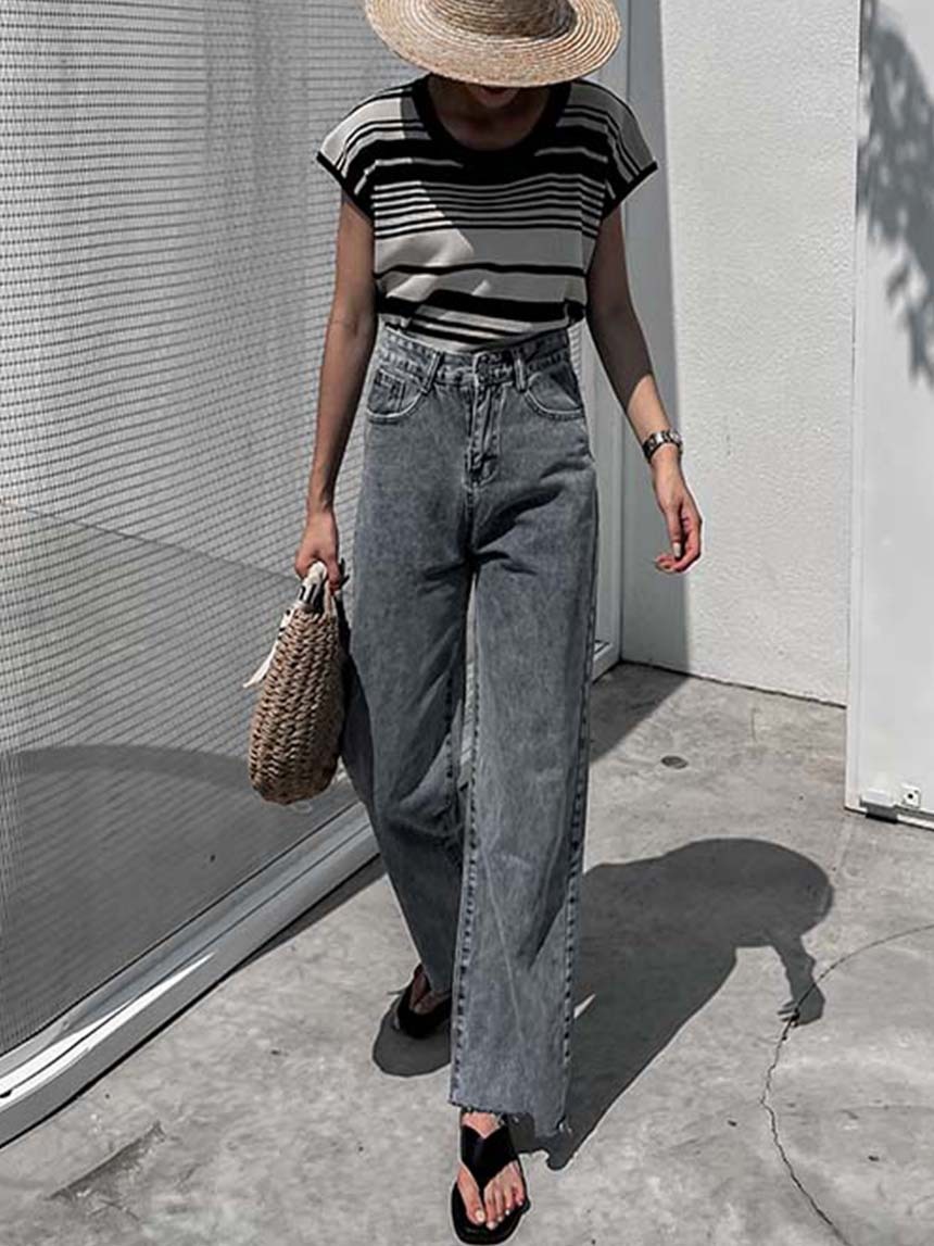 素面基本款直筒寬牛仔褲