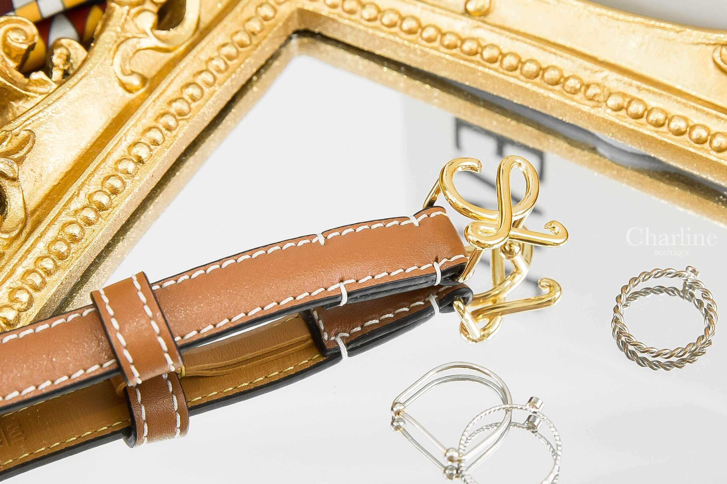 Loewe Belt In Smooth Calfskin 焦糖色1.5 cm小牛皮金色L皮帶