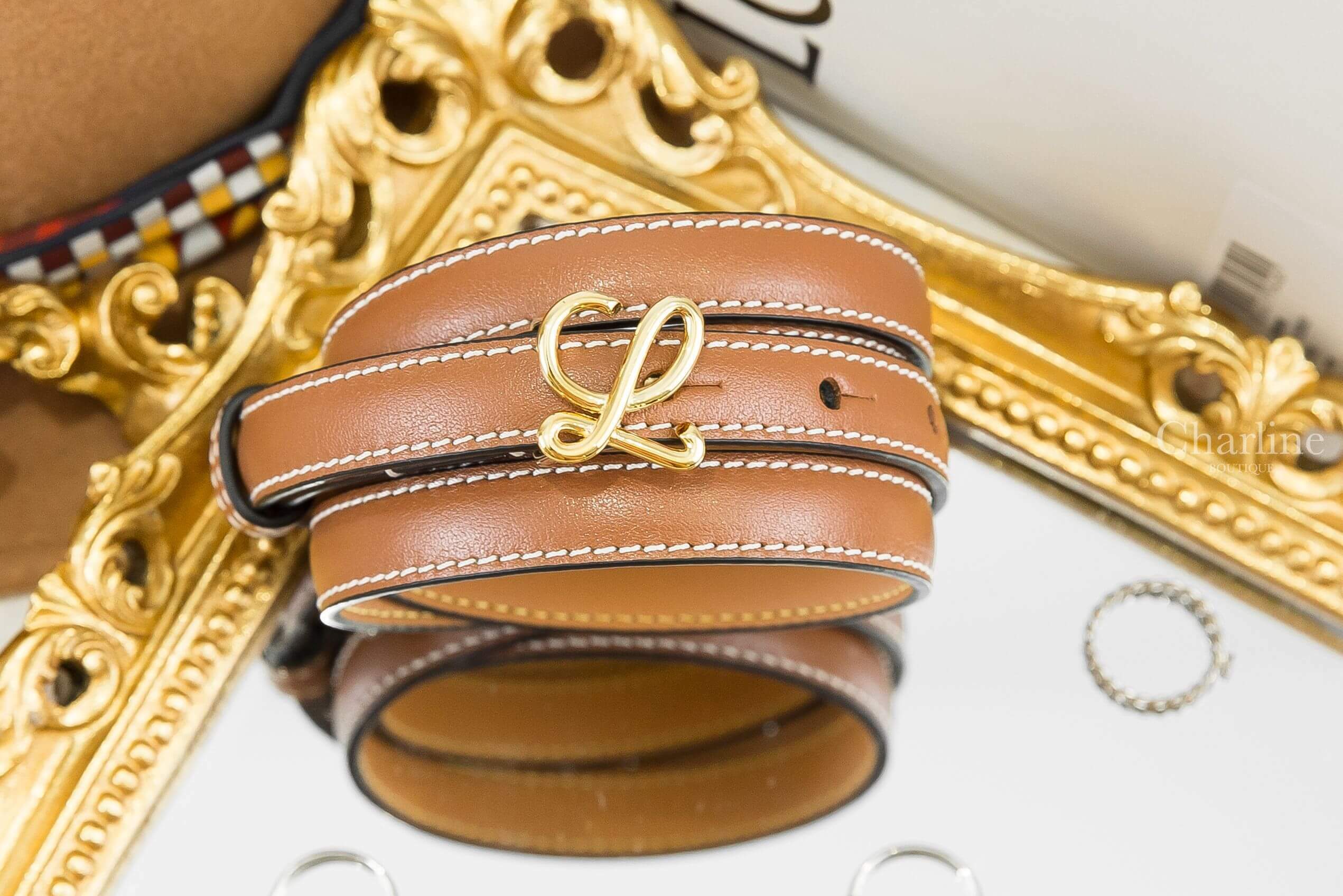 Loewe Belt In Smooth Calfskin 焦糖色1.5 cm小牛皮金色L皮帶