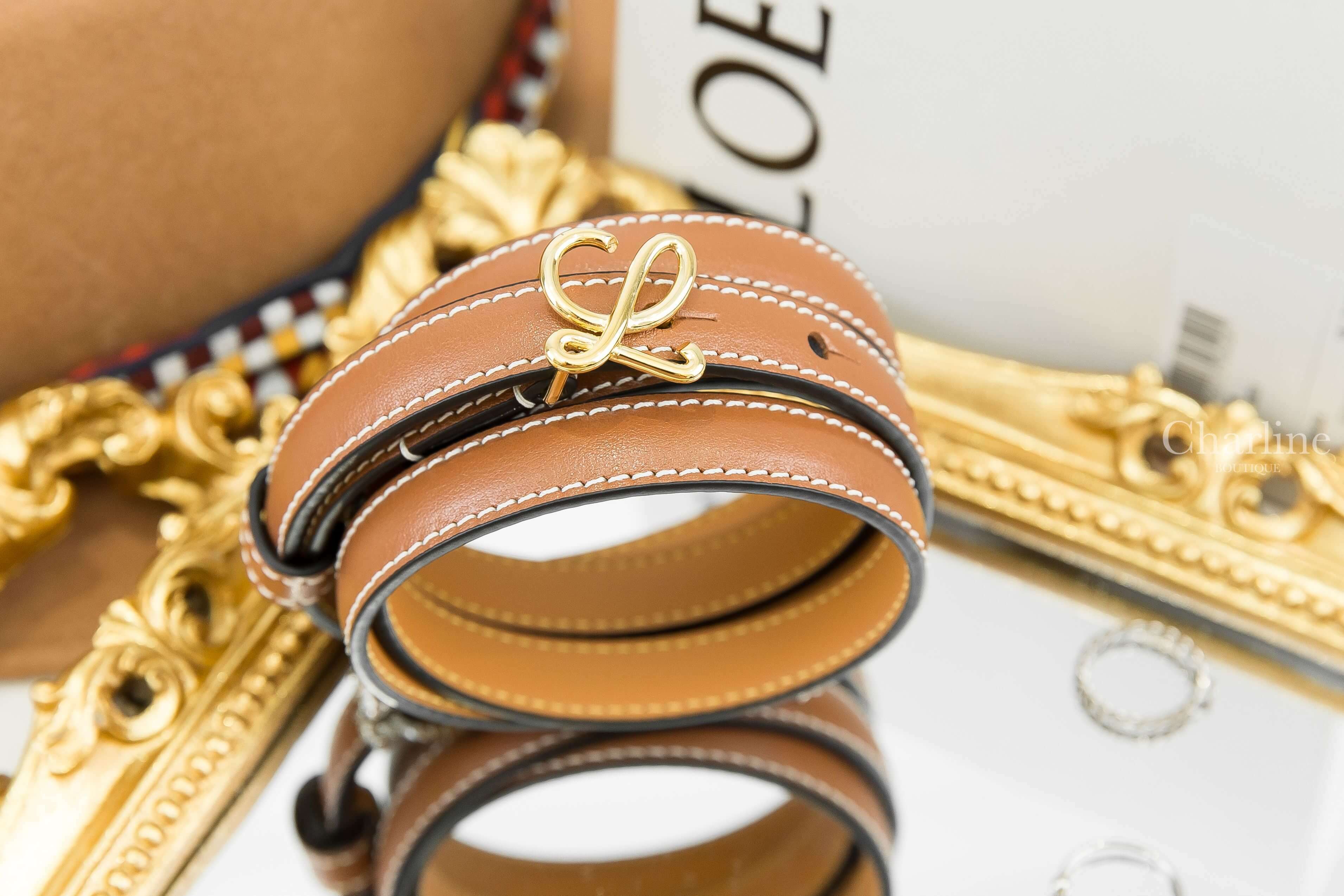 Loewe Belt In Smooth Calfskin 焦糖色小牛皮金色L皮帶-Charline Boutique 精品代購
