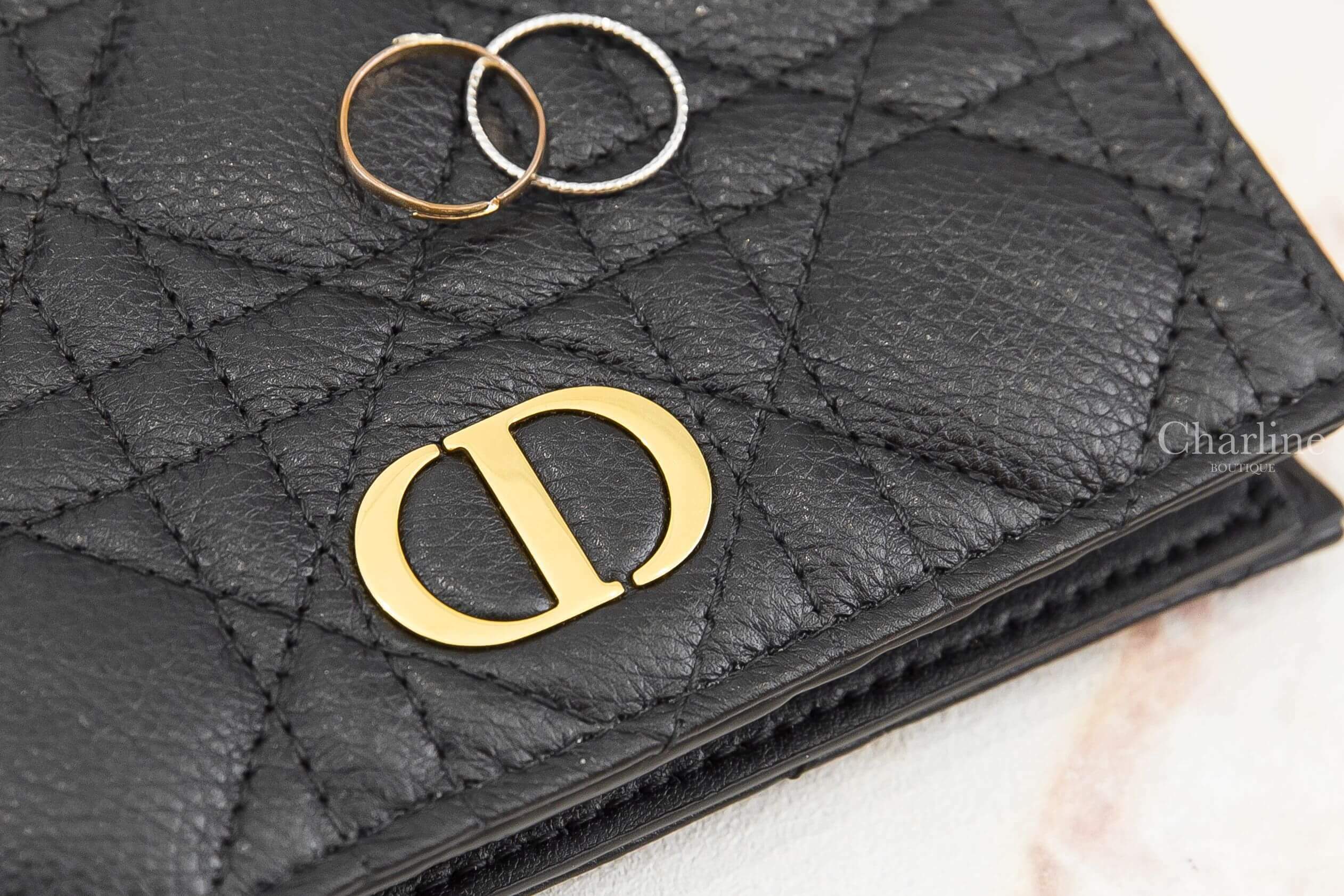 Dior Dior Caro Slim Wallet 黑色小牛皮藤格紋釦式短夾