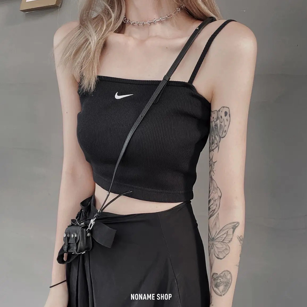 NIKE 羅紋 刺繡 小勾 細肩帶 短版 平口背心 兩色 (女款)