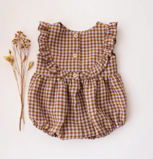 Dannie and Lilou-Flutter Ruffled Bodice Bubble Playsuit(BROWN GINGHAM)