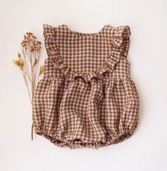 Dannie and Lilou-Flutter Ruffled Bodice Bubble Playsuit(BROWN GINGHAM)