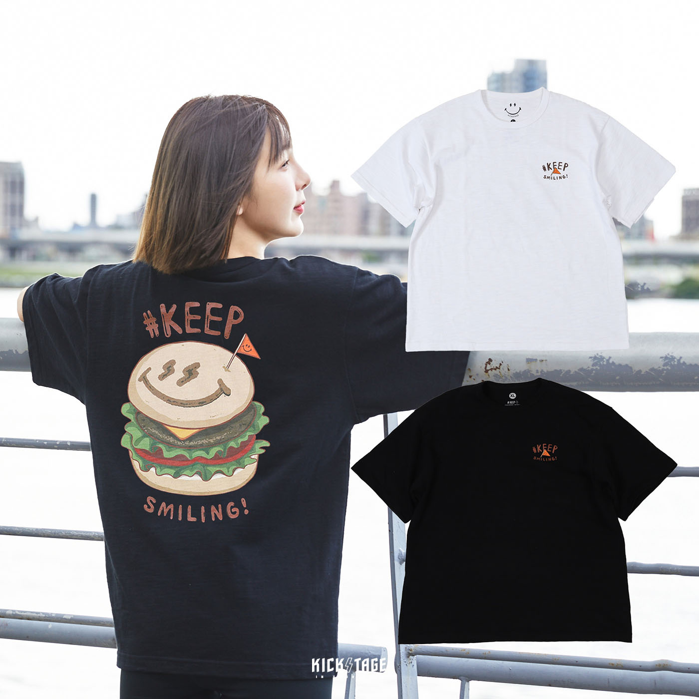 **特價商品售出無退換**#KEEP HAMBURGER TEE 白色 黑色 漢堡 美式插畫 閃電微笑 竹節棉 短T 兒童 成人【KS128】