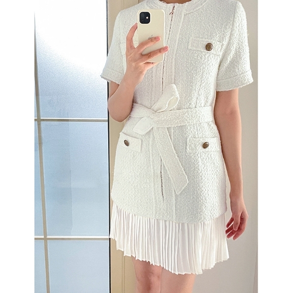 百褶拼接 小香短袖洋裝(黑/白)