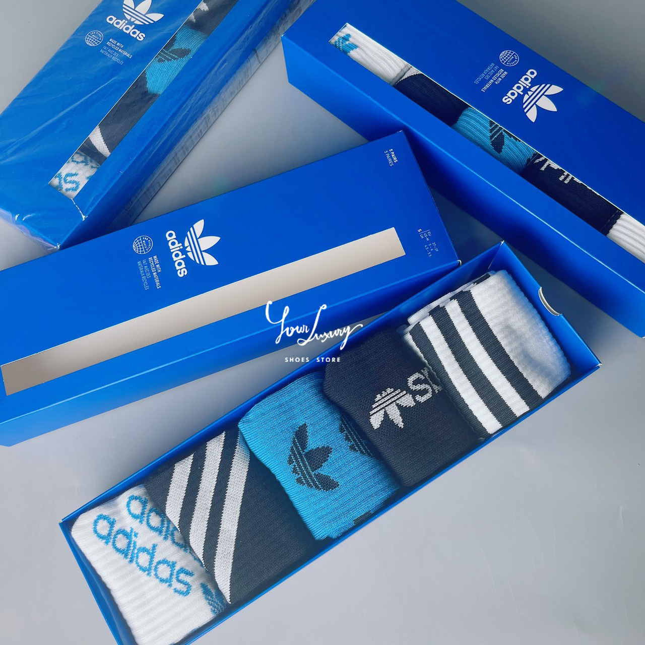【Luxury】現貨 ADIDAS 襪子禮盒組 五件組 男女款 棉襪 小腿 腳踝 長襪 黑白藍 條紋長襪 運動襪