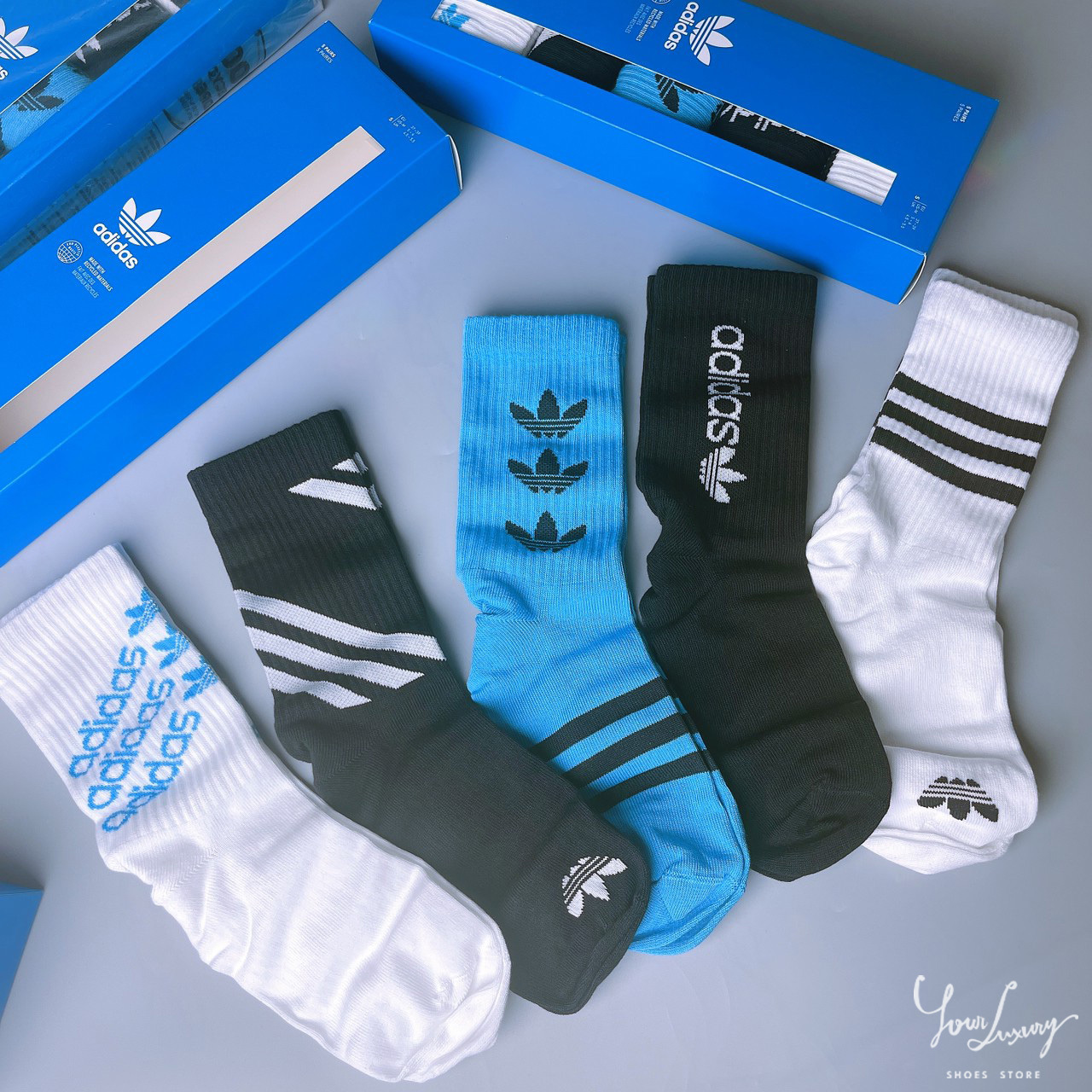 【Luxury】現貨 ADIDAS 襪子禮盒組 五件組 男女款 棉襪 小腿 腳踝 長襪 黑白藍 條紋長襪 運動襪