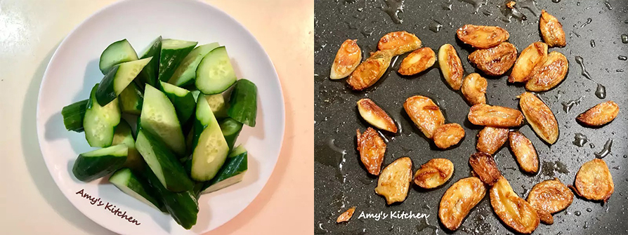 .蒜剝膜切片，煎蒜片盡量切均勻些，較好控制煎的時間。冷凍莓果用：黑櫻桃8顆、蔓越莓5顆，這樣的組合沾醬口感微酸甜蠻好的