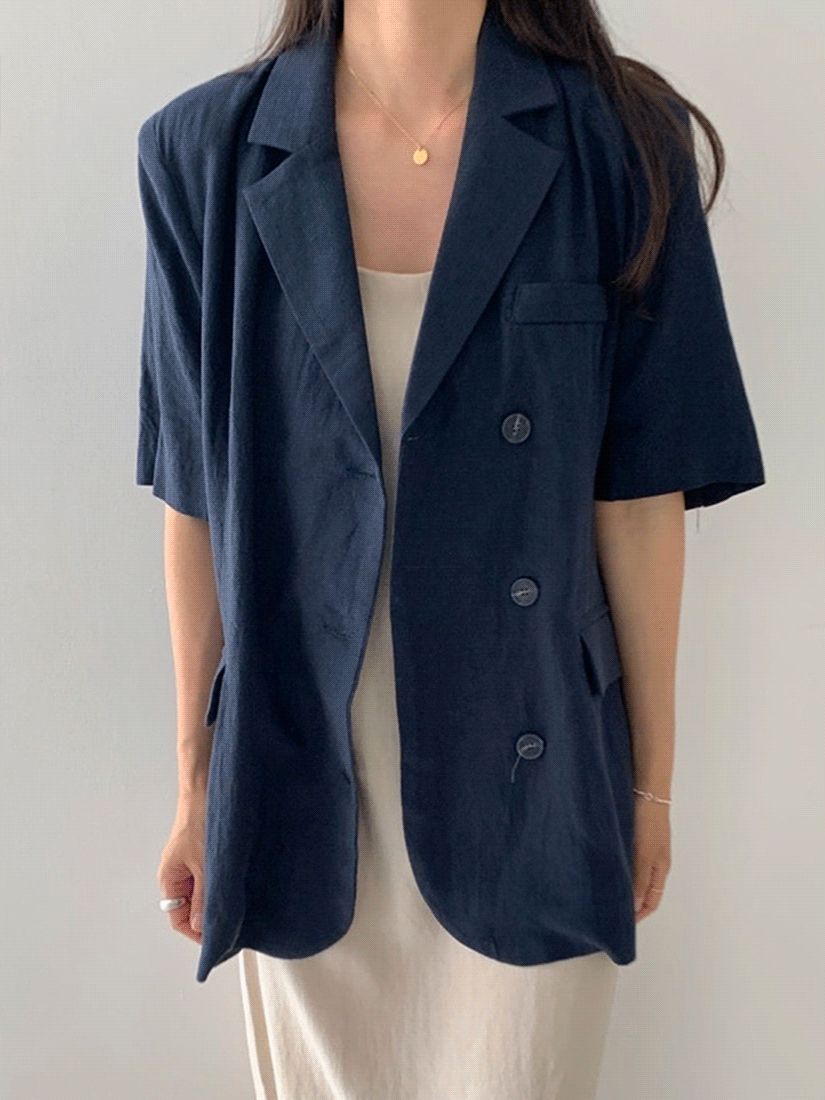 簡約修身亞麻短袖外套 [ 2色 / Free ]