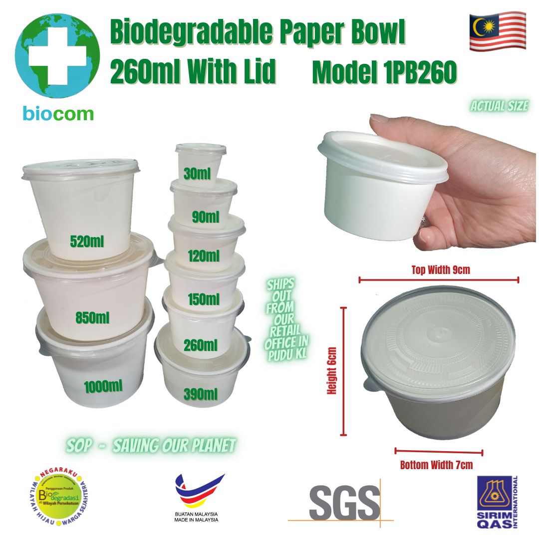 Biodegradable Paper Bowl 260ml with Lid