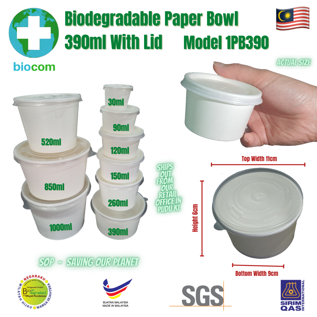 Biodegradable Paper Bowl 390ml With Lid
