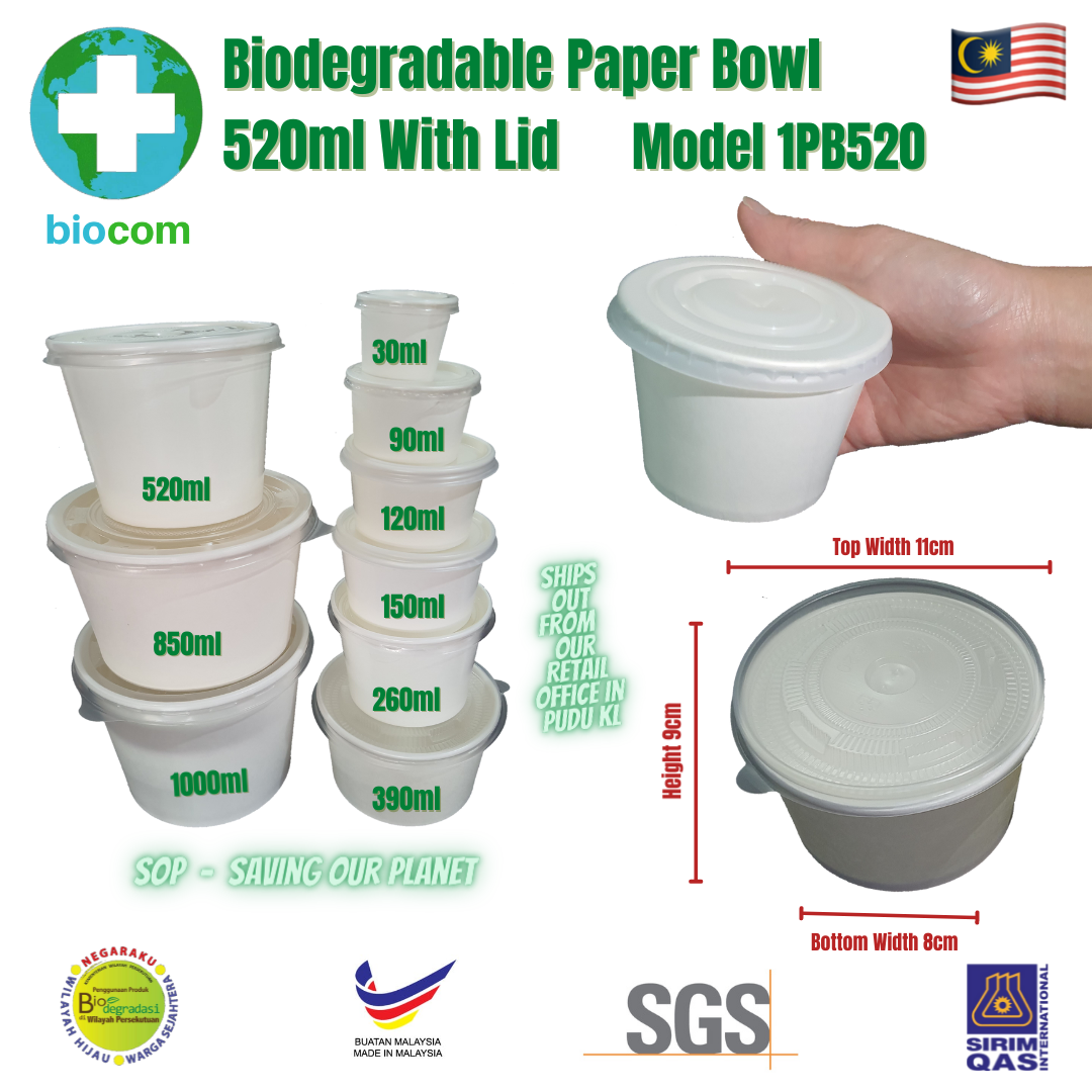 Biodegradable Paper Bowl 520ml With Lid