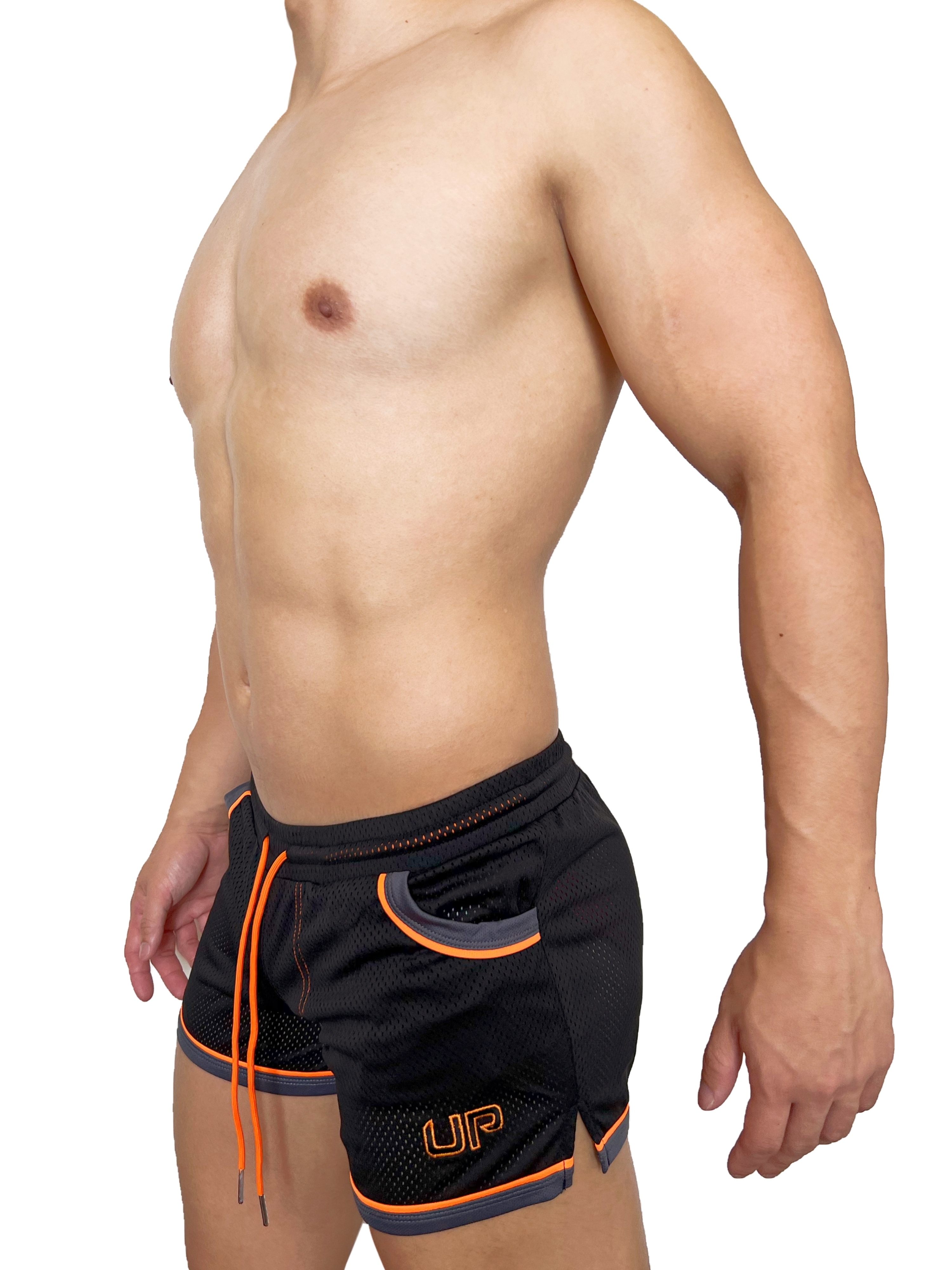 College Mesh Shorts 網布運動短褲 墨亮黑/螢光橙