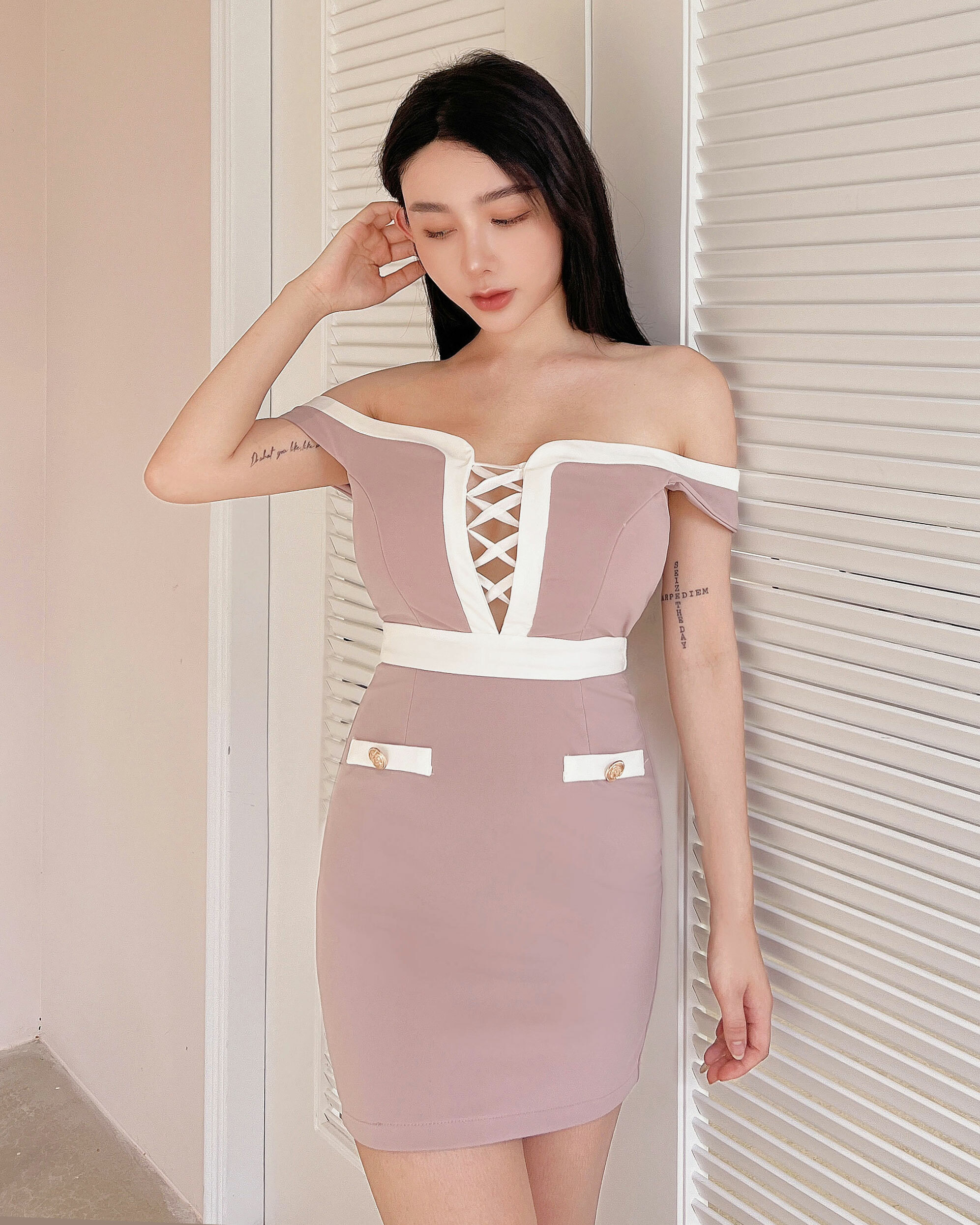 ⭒七夕限定-一字領撞色交叉緞帶合身洋