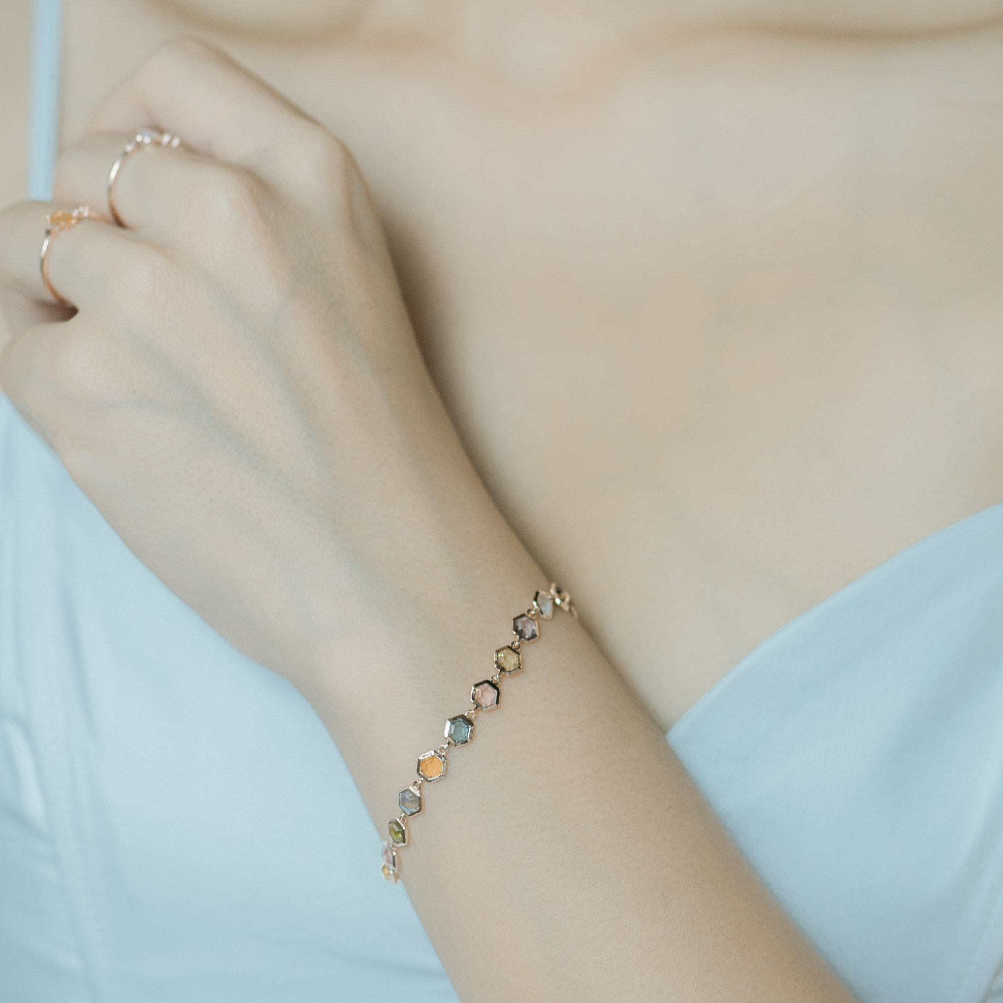 14k Hexagon彩色寶石手鍊