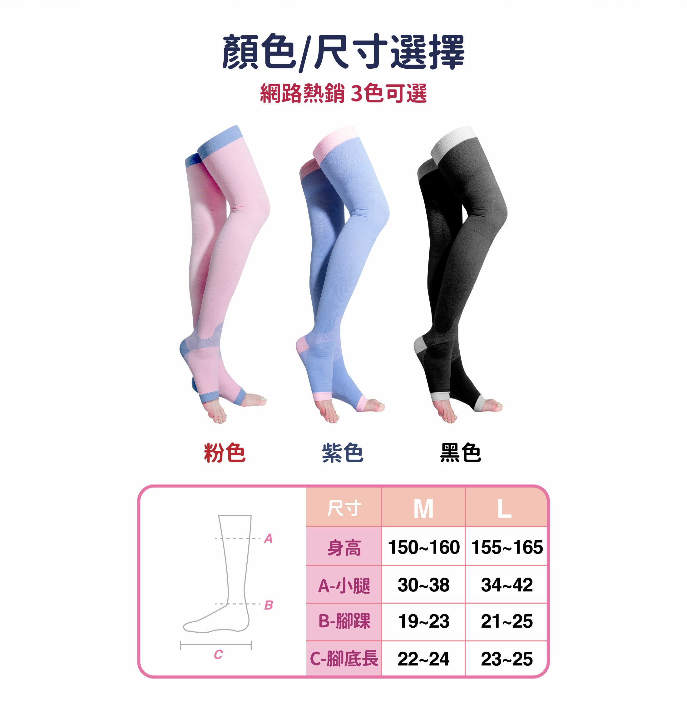 顏色/尺寸選擇網路熱銷3色可選粉色紫色黑色尺寸M身高150~160CM小腿30~38CM腳踝19~23CM腳底長22~24CM尺寸L身高155~165CM小腿34~42CM腳踝21~25CM腳底長23~25CM