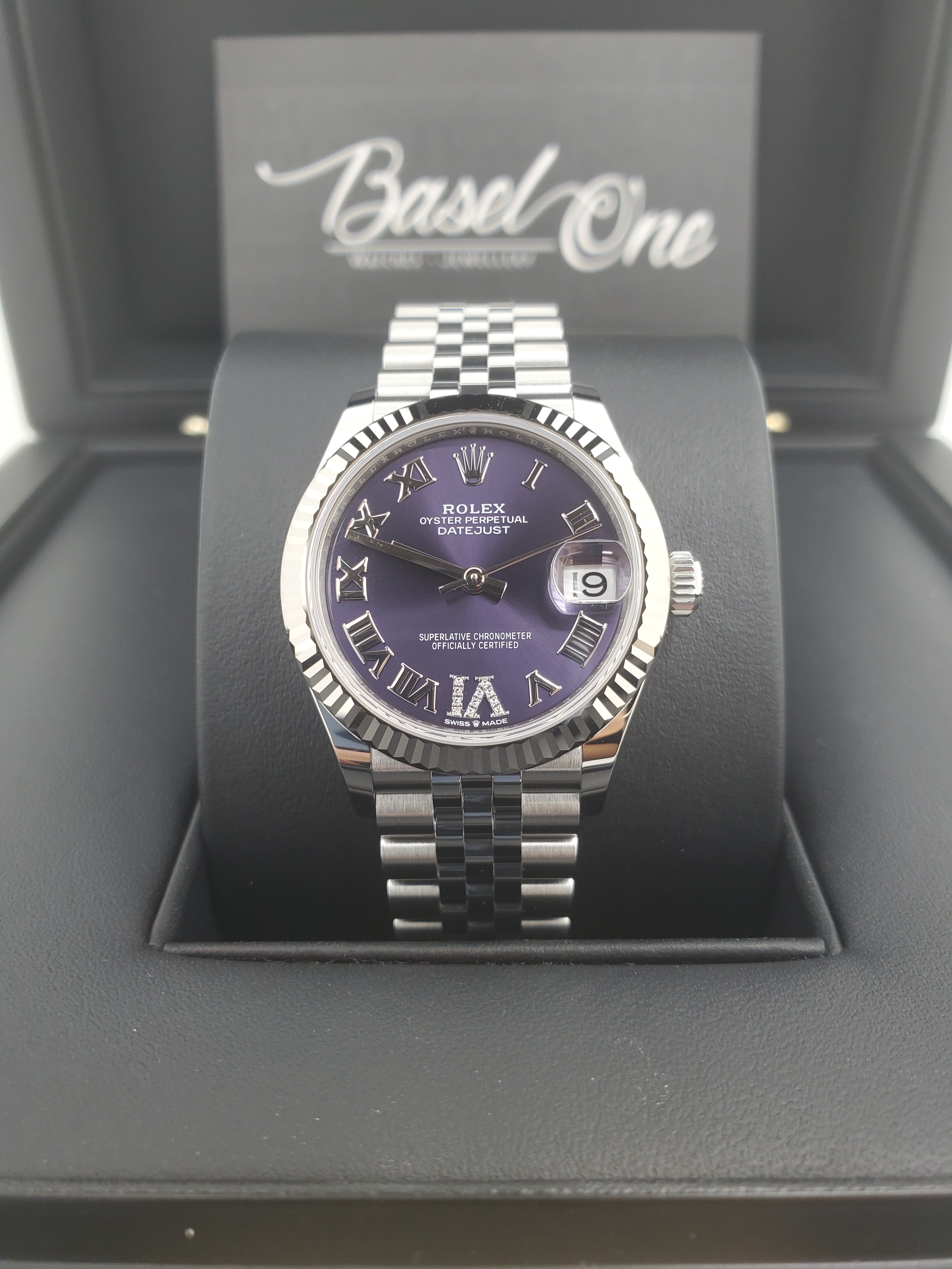 BRAND NEW ROLEX 278274 PURPLE DIAL ROMAN WHITE GOLD STEEL DATEJUST 31 JUBILEE STRAP 31 MM